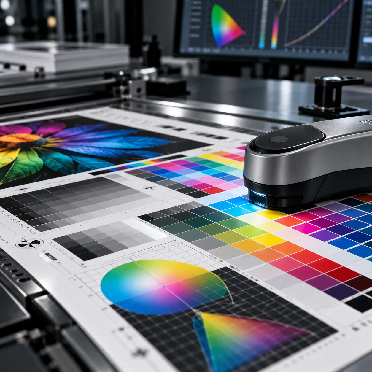 Colour patches and measurement device in a print production environment