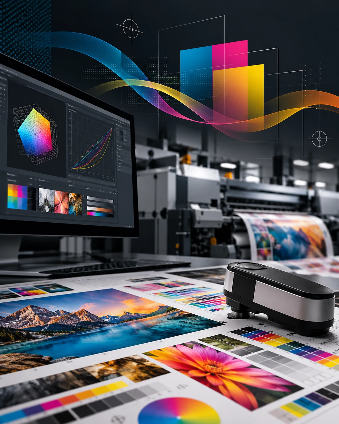 Abstract colour management and print workflow illustration