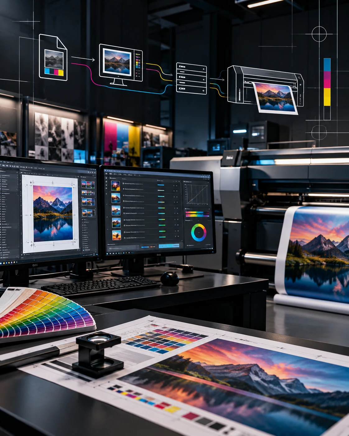 Modern prepress workflow visual with colour and production technology